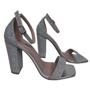 Sparkling Rhinestone Block Heels Silver Ankle Strap Square Toe Sandals 7 Prom
